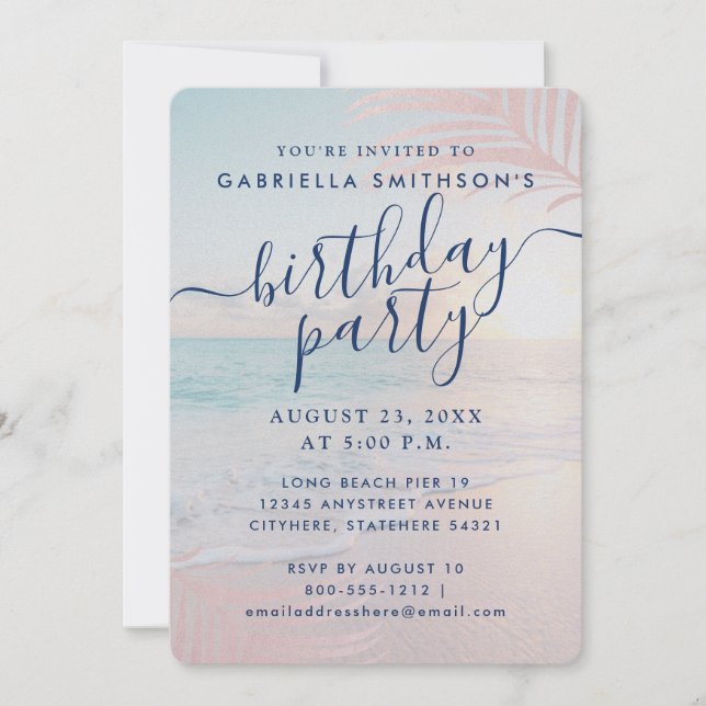 Invitation Tropical Sunset Beach rose Anniversaire Shimmer Pa (Devant)