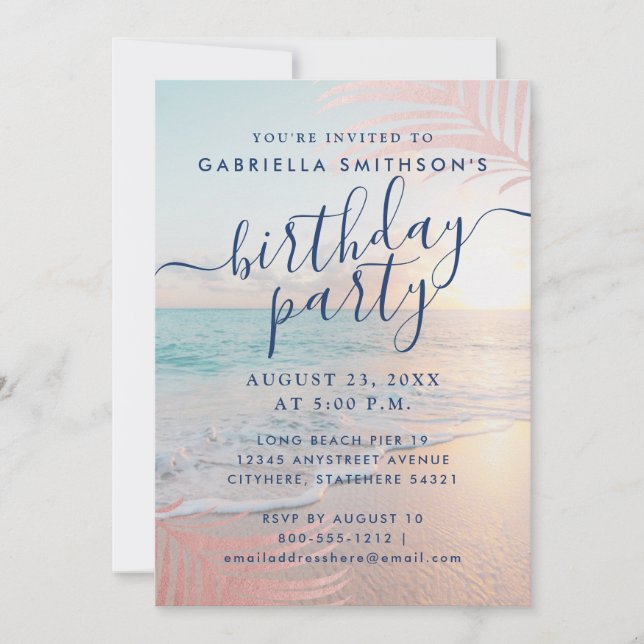 Invitation Tropical Sunset Beach rose fête d'anniversaire (Devant)