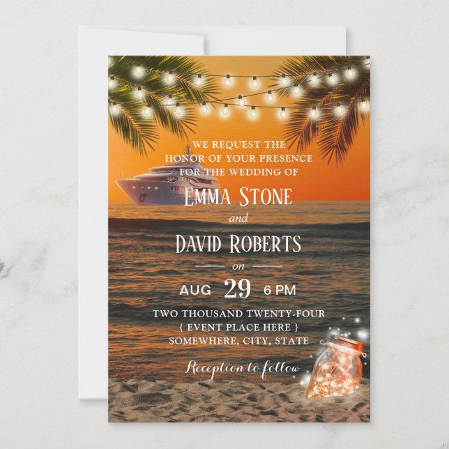 Invitation Tropical Sunset Beach Yacht Mariage Glow Mason Jar (Devant)