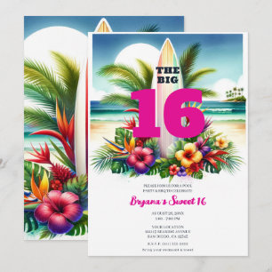 Invitation Tropical Surfboard Pool Party Sweet 16
