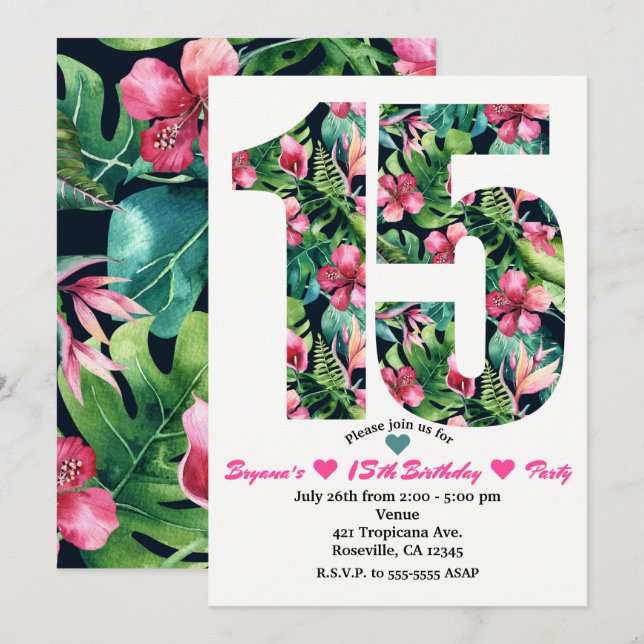 Invitation Tropical Sweet 15 15e anniversaire de fête Invitat (Devant / Derrière)
