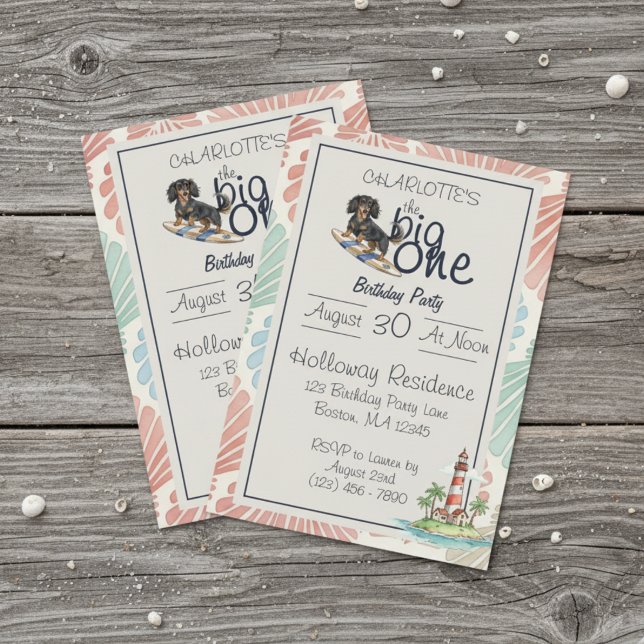 Invitation Tropical The Big One Surf Dachshund anniversaire (Celebrate your little one’s special day with this Tropical The Big One Surf Dachshund Birthday!)