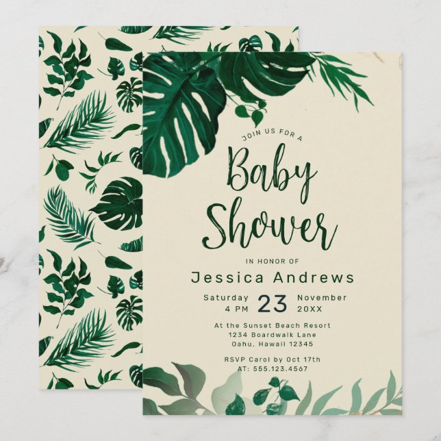 Invitation Tropical Thème Vert Feuille Baby shower moderne (Devant / Derrière)