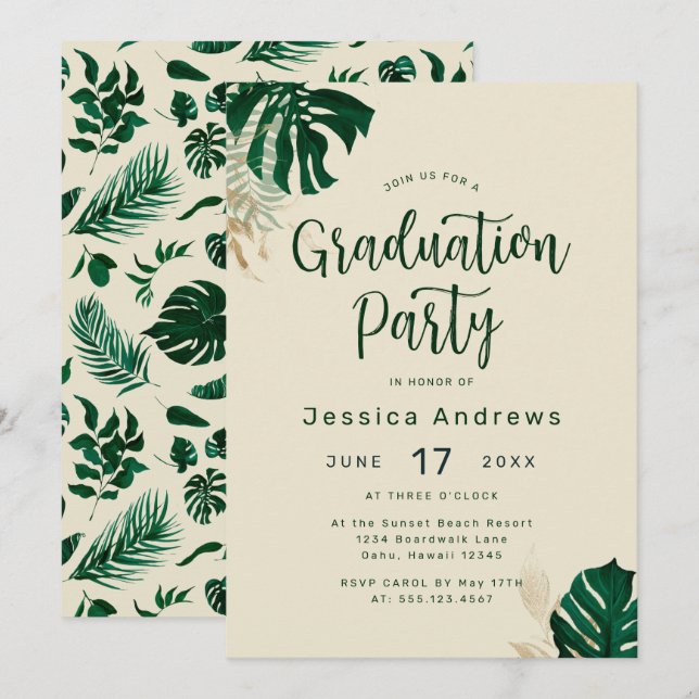 Invitation Tropical Thème Vert Feuilles Parti de Graduation (Devant / Derrière)