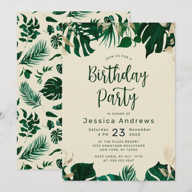 Invitation Tropical Thème Vert Folithe Anniversaire (Devant / Derrière)