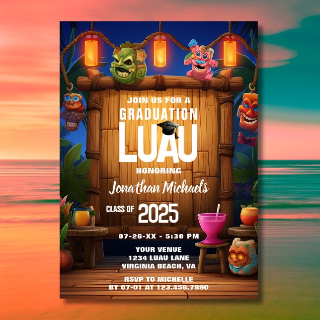 Invitation Tropical Tiki Hawaiian Island Luau Graduation (Front - Tropical Tiki Hawaiian Luau Photo Graduation Invitation)