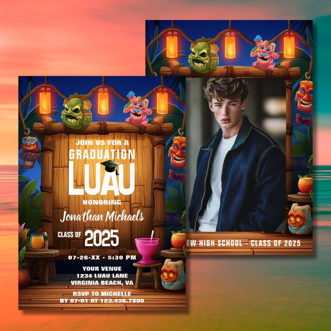 Invitation Tropical Tiki Hawaiian Luau Diplôme Photo (Tropical Tiki Hawaiian Luau Photo Graduation Invitation)