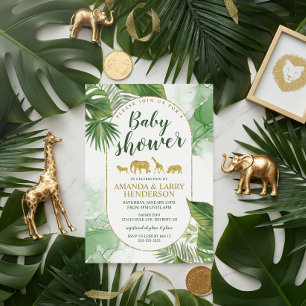 Invitation Tropical Verdure Safari Animaux Dorés Baby Shower