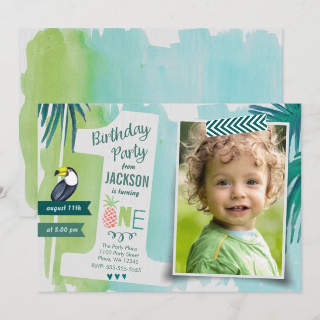 Invitation Tropical Vert & bleu Jungle Aquarelle Garçon (Devant / Derrière)