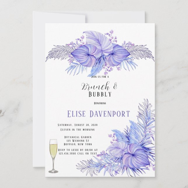 Invitation Tropical Violet Bleu Palme Feutre Brunch & Bubbly (Devant)