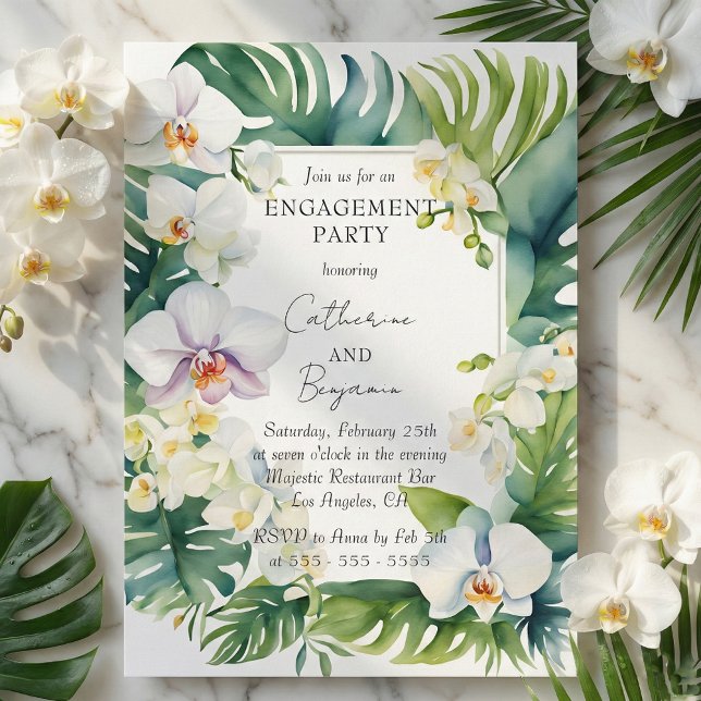 Invitation Tropical White Orchid & Greenery Engagement Party (Créateur téléchargé)