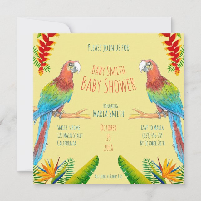Invitation tropicale de baby shower de perroquet (Devant)