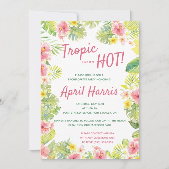 Invitation Tropique comme c'est Hot, soirée bachelorette trop (Devant)