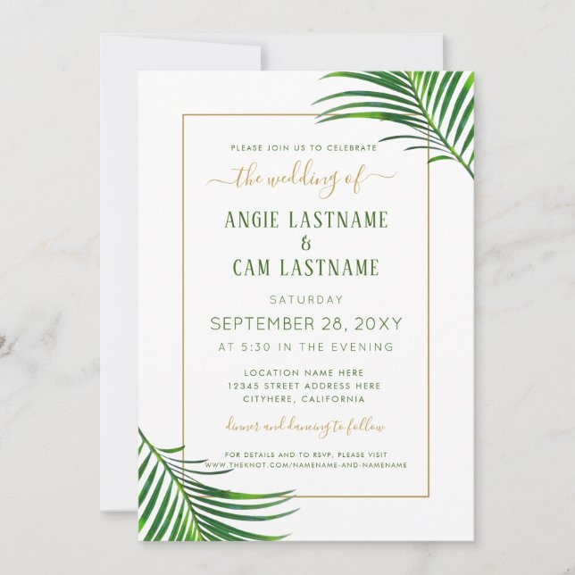 Invitation Tropiques modernes Palm Leaf Mariage vert et or (Devant)