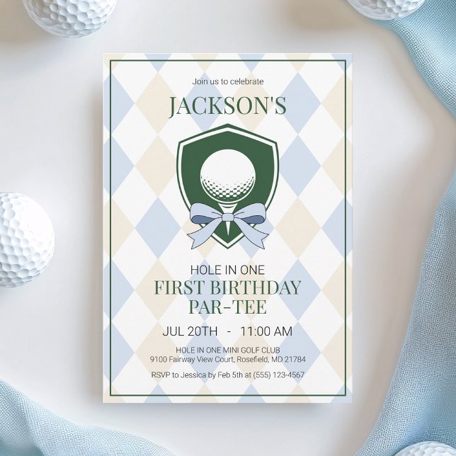 Invitation Trou en un Blue Golf Boys 1ère fête d'anniversaire (Hole in One Blue Golf Boy First Birthday Party Invitation)