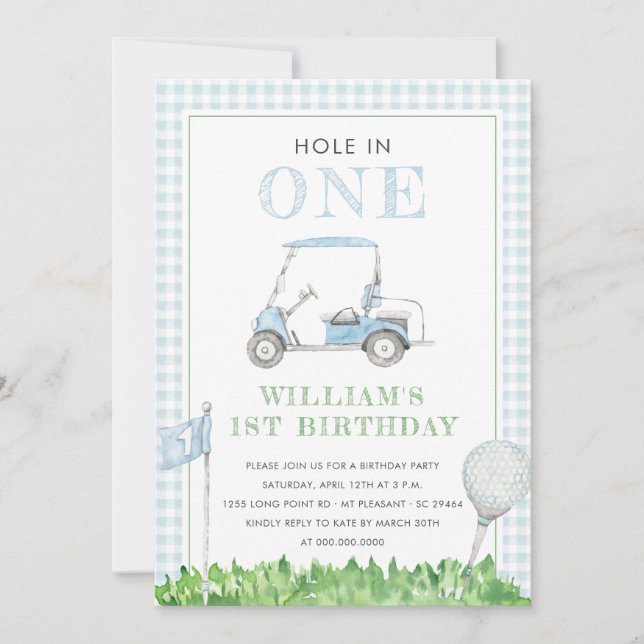 Invitation Trou En Un Garçon De Golf Anniversaire En vichy Bl (Devant)