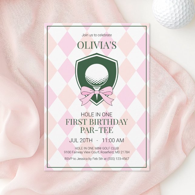 Invitation Trou en un rose Golf Girls 1er anniversaire (Hole in One Pink Golf Girl First Birthday Party Invitation)