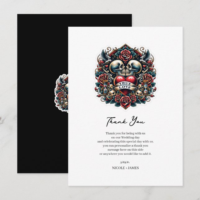 Invitation True Love Skeleton Heart Tattoo Mariage Merci (Devant / Derrière)