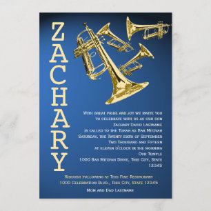 Invitation Trumpets Musique Blue Gold Bar Mitzvah