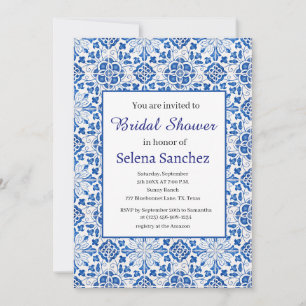 Invitation tuiles portugaises Floral Fête des mariées bleue