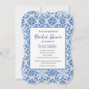 Invitation tuiles portugaises Floral Fête des mariées bleue