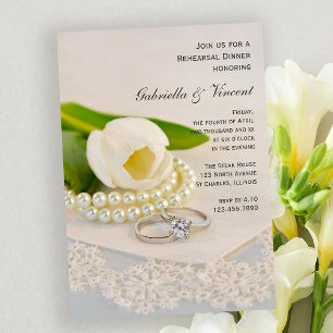 Invitation Tulipe blanche, anneaux perles Dîner de répétition