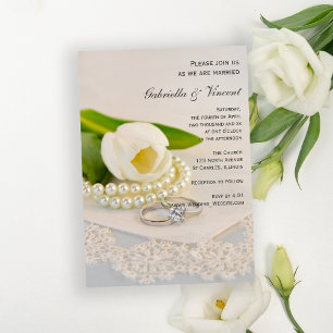 Invitation Tulipe blanche, perles et anneaux Mariage