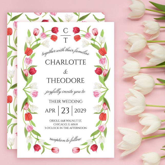Invitation Tulipe de printemps romantique Floral rose & blanc (Romantic Spring Tulip Floral Pink & White Wedding Invitation)