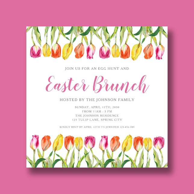 Invitation Tulipe rose colorée Brunch de Pâques (Colorful Pink Tulip Easter Brunch Invitation)