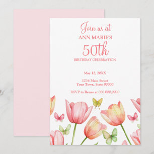 Invitation Tulipes aquarelles rose poudré pour 50e anniversai