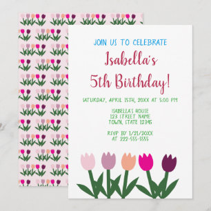 Invitation Tulipes de dessin animé mignon rose et violet pour