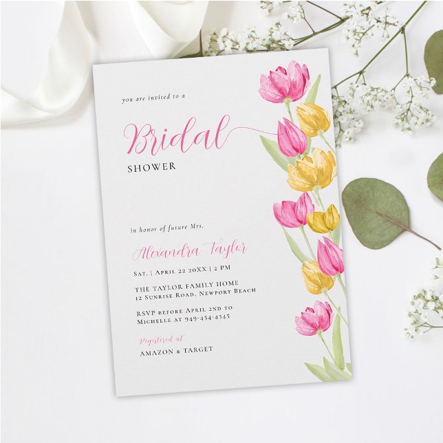 Invitation Tulipes de printemps Boho Chic rose Fête des marié (spring bridal shower invitation tulips pink yellow floral watercolor boho chic calligraphy pretty)