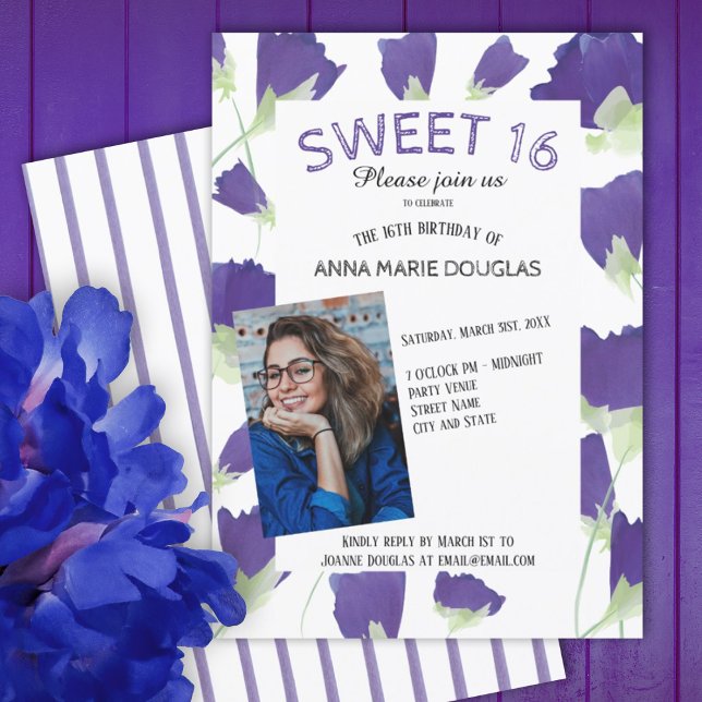 Invitation Tulipes de printemps pourpre Floral Sweet 16 Invit (purple tulips floral summer spring springtime sweet 16 sixteen party invitations, flowers, stripes)