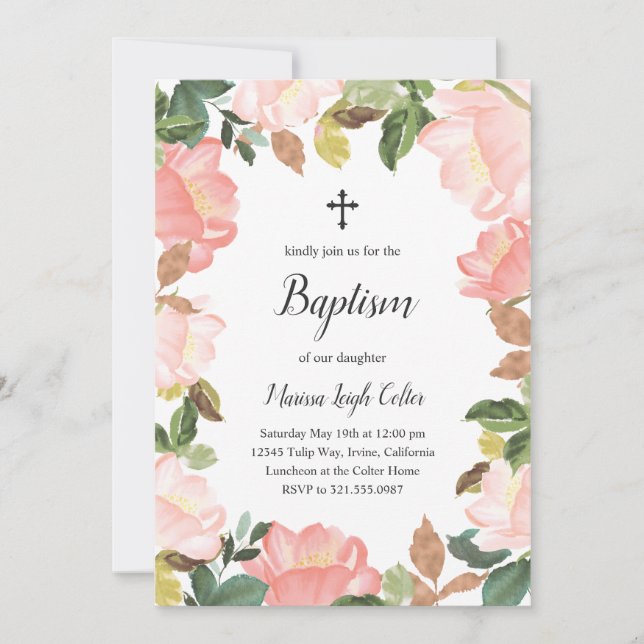 Invitation Tulipes Élégantes Floral Blush Rose Girl Baptême (Devant)