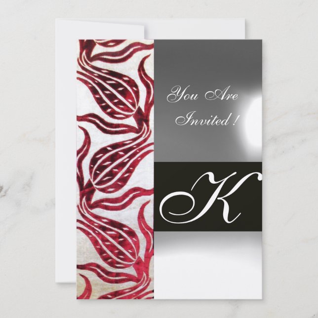 Invitation TULIPES EN DAMAS ROUGE VIF MONOGRAMME Bordeaux Or (Devant)