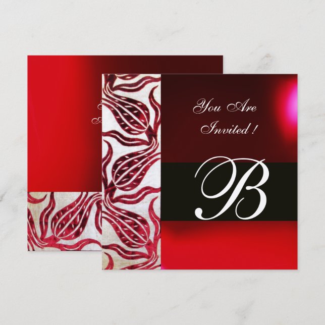 Invitation TULIPES MONOGRAMME DAMASSÉ VELVET ROUGE Bourguigno (Devant / Derrière)