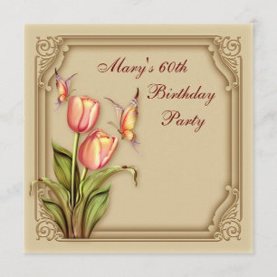 Invitation Tulipes Papillon Doré Élégant 60e Anniversaire