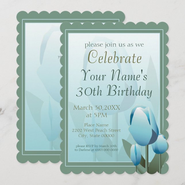 Invitation Tulipes Printemps Anniversaire Fête Turquoise (Devant / Derrière)