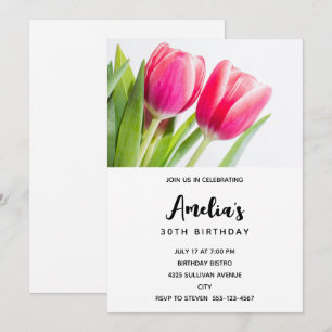 Invitation Tulipes roses avec Feuilles verts Photo Anniversai