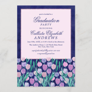 Invitation Tulipes roses bleues Aquarelle florale Graduation