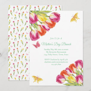 Invitation Tulipes roses et papillon Fête des mères Brunch Bl