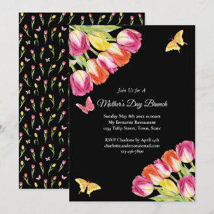Invitation Tulipes roses et papillon Fête des mères Brunch No