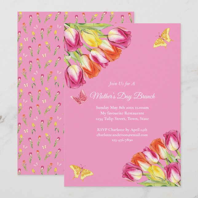 Invitation Tulipes roses et papillon Fête des mères Brunch ro (Devant / Derrière)