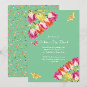 Invitation Tulipes roses et papillon Fête des mères Brunch Ve