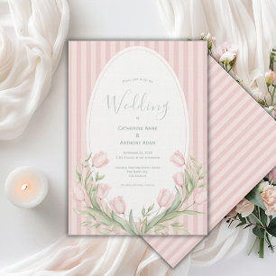 Invitation Tulipes roses rayure rose mariage vintage
