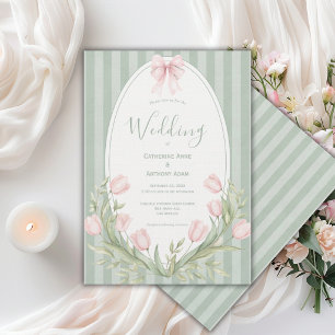 Invitation Tulipes roses rayure vert sauge Mariage vintage