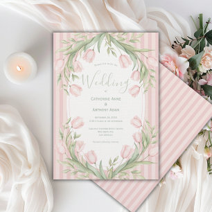 Invitation Tulipes roses rayure vert sauge mariage vintage