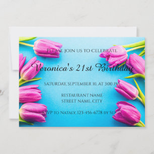 Invitation Tulipes roses sur fond bleu