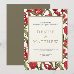 Invitation Tulipes rouges aquarelle florale avec lettrage dor