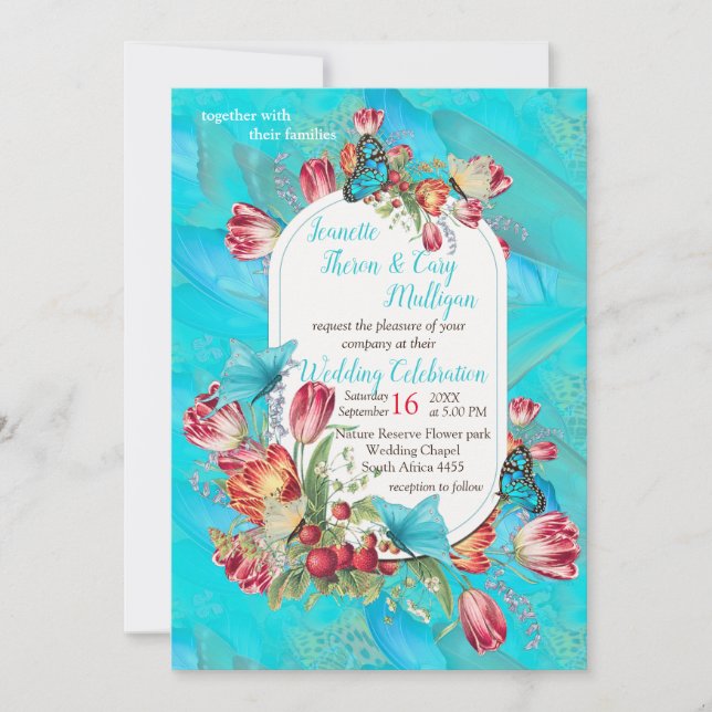 Invitation Tulipes rouges & Papillons de visite et de visite. (Devant)